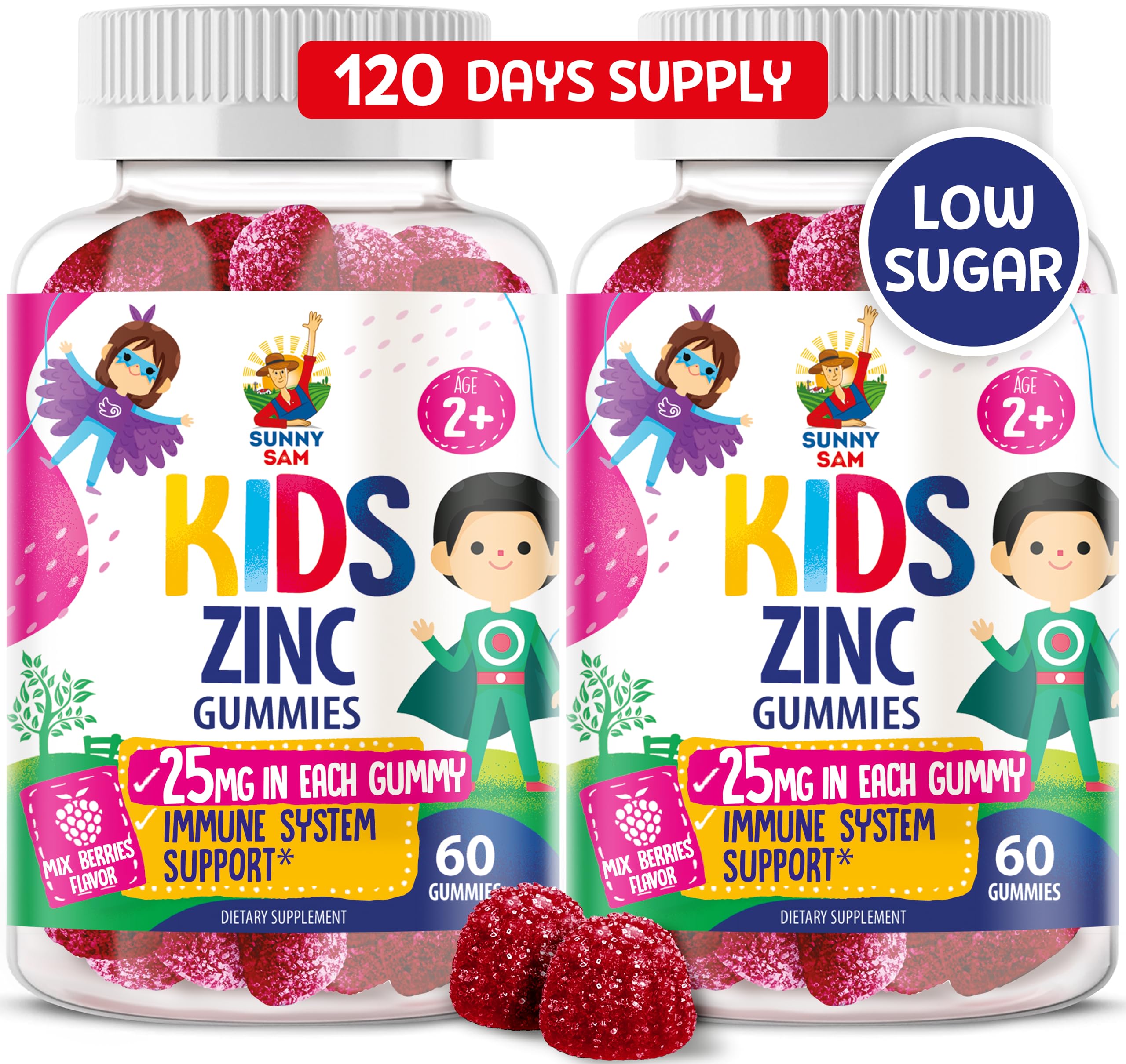 Sunny Sam Zinc Gummies for Kids bottle on kitchen counter showing easy immune support