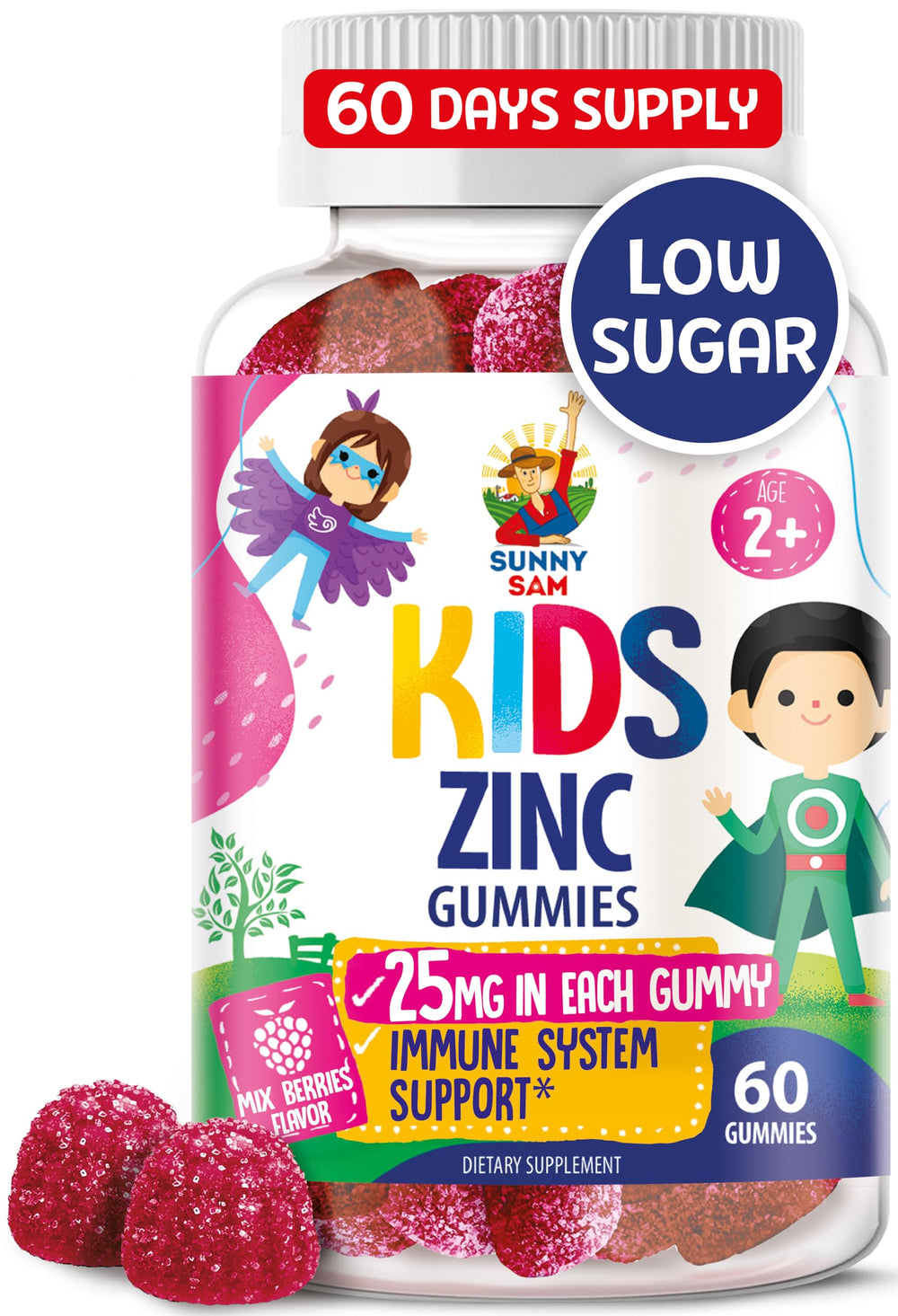 Sunny Sam Zinc Gummies for Kids in fruity berry flavor, easy daily chew.