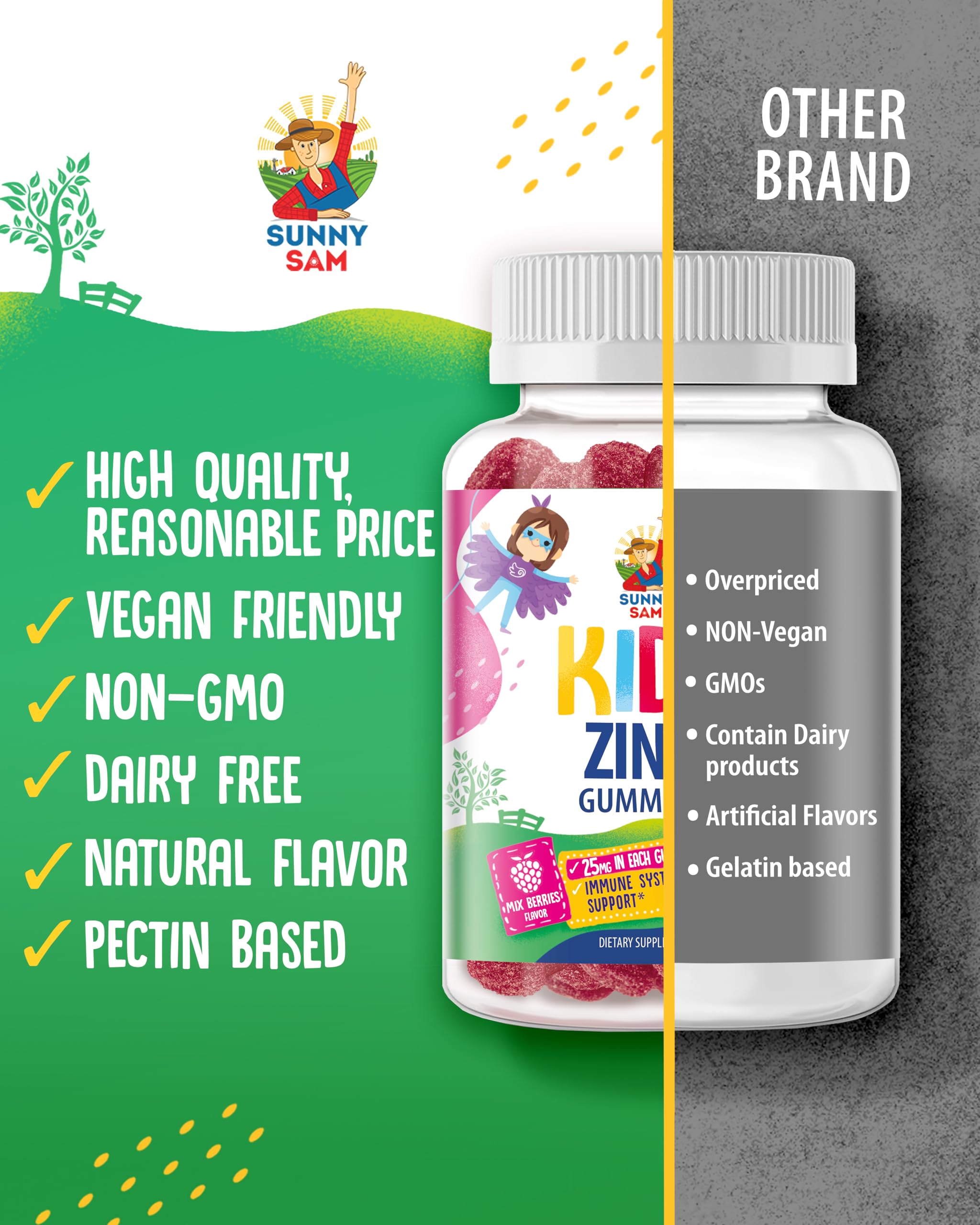 Sunny Sam Zinc Gummies non-GMO and gluten-free label close-up