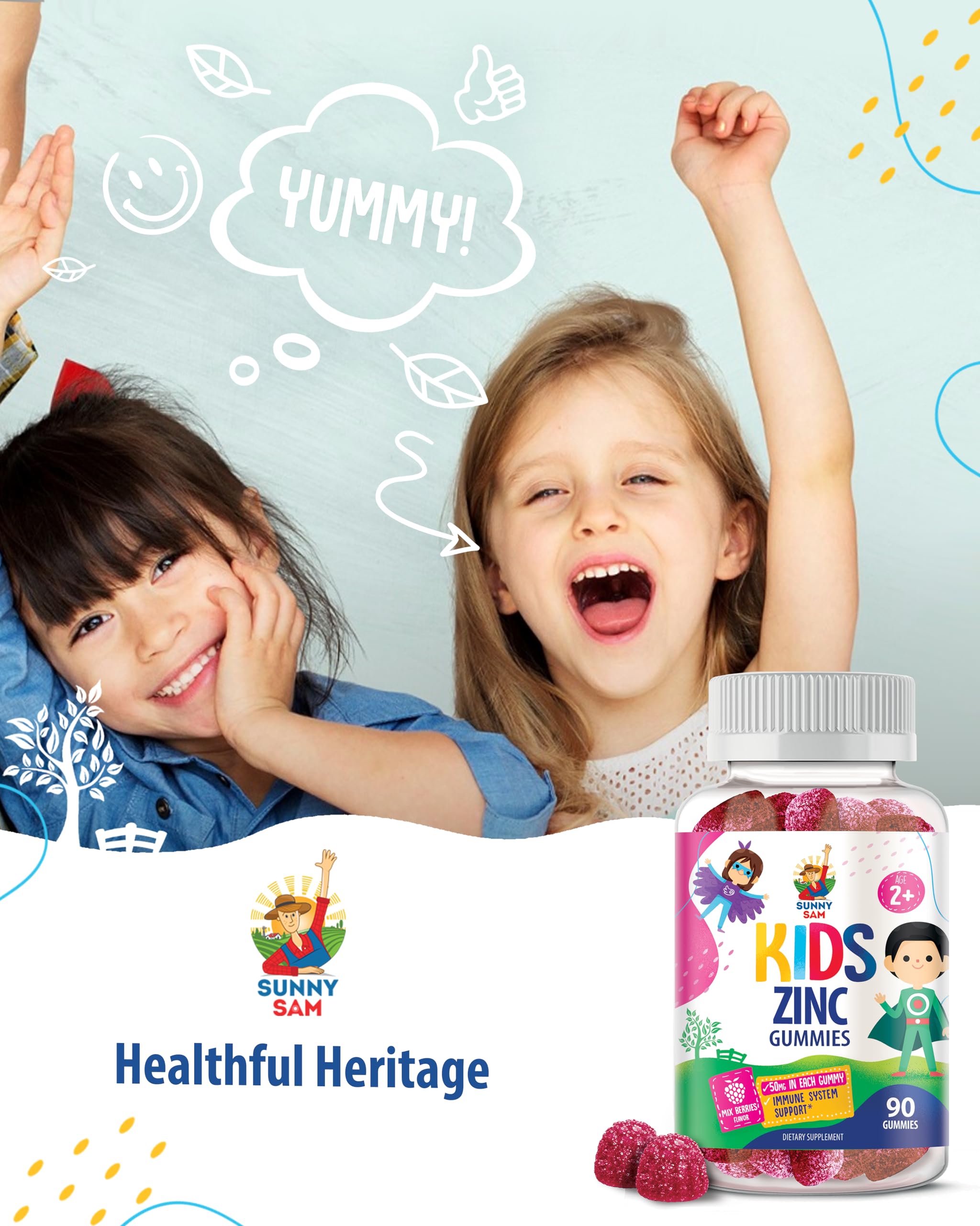 Sunny Sam Zinc Gummies for Kids packaging closeup highlights bottle design and ease of use