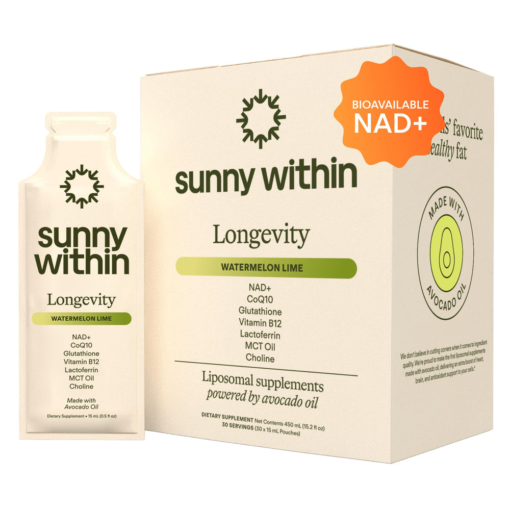 Sunny Within Longevity bottle pour shows a quick daily dose for energy support