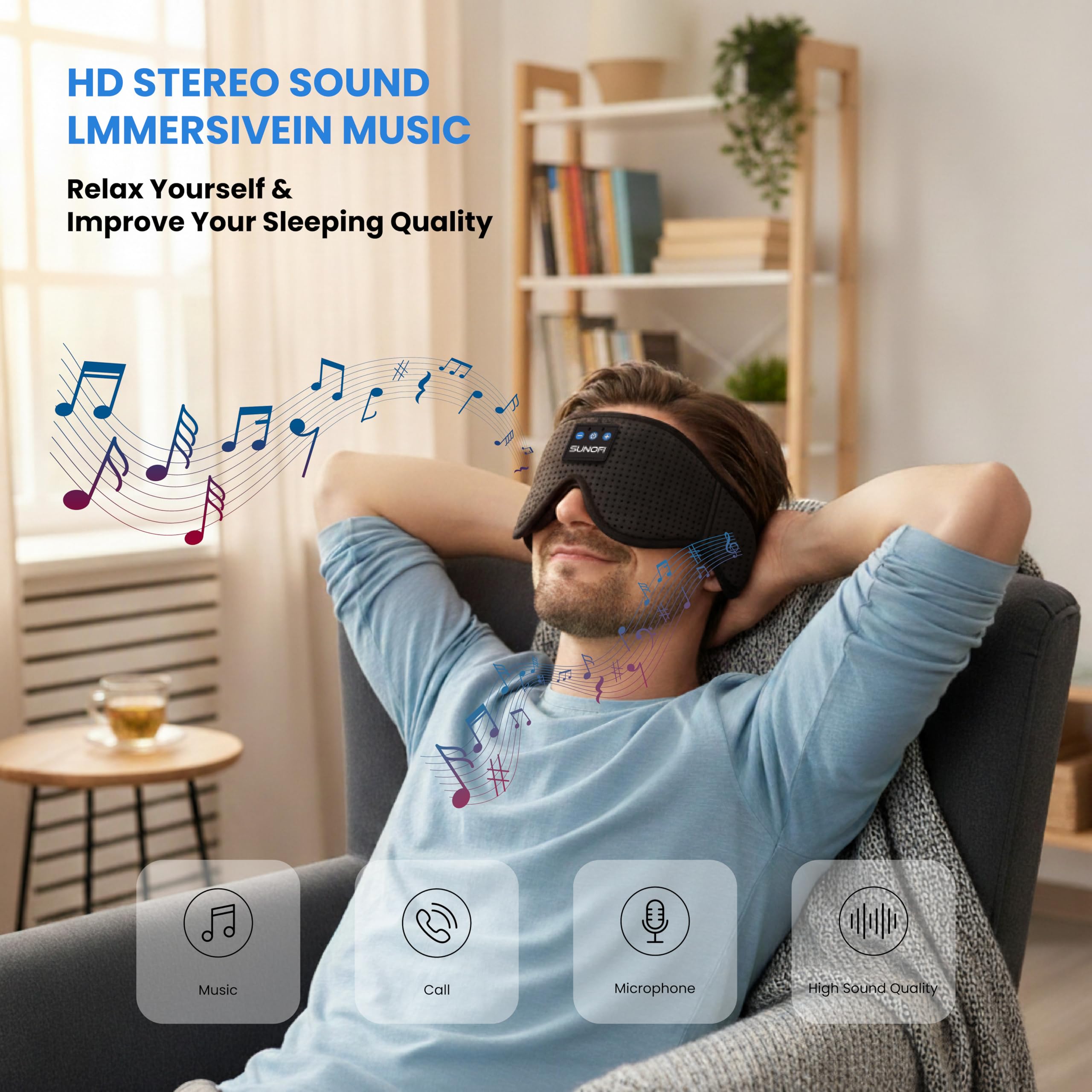 Sunofi 3D ergonomic design avoids eyelid pressure for side sleepers.