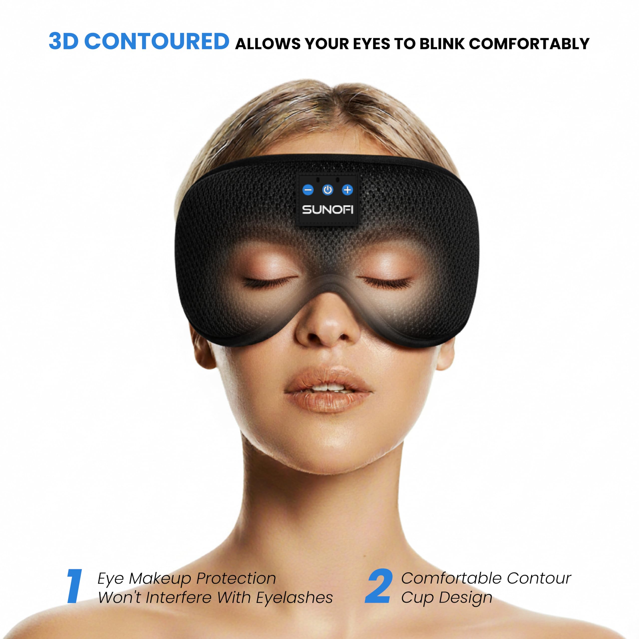 Sunofi mask shows ultra-thin speakers for immersive listening during travel.