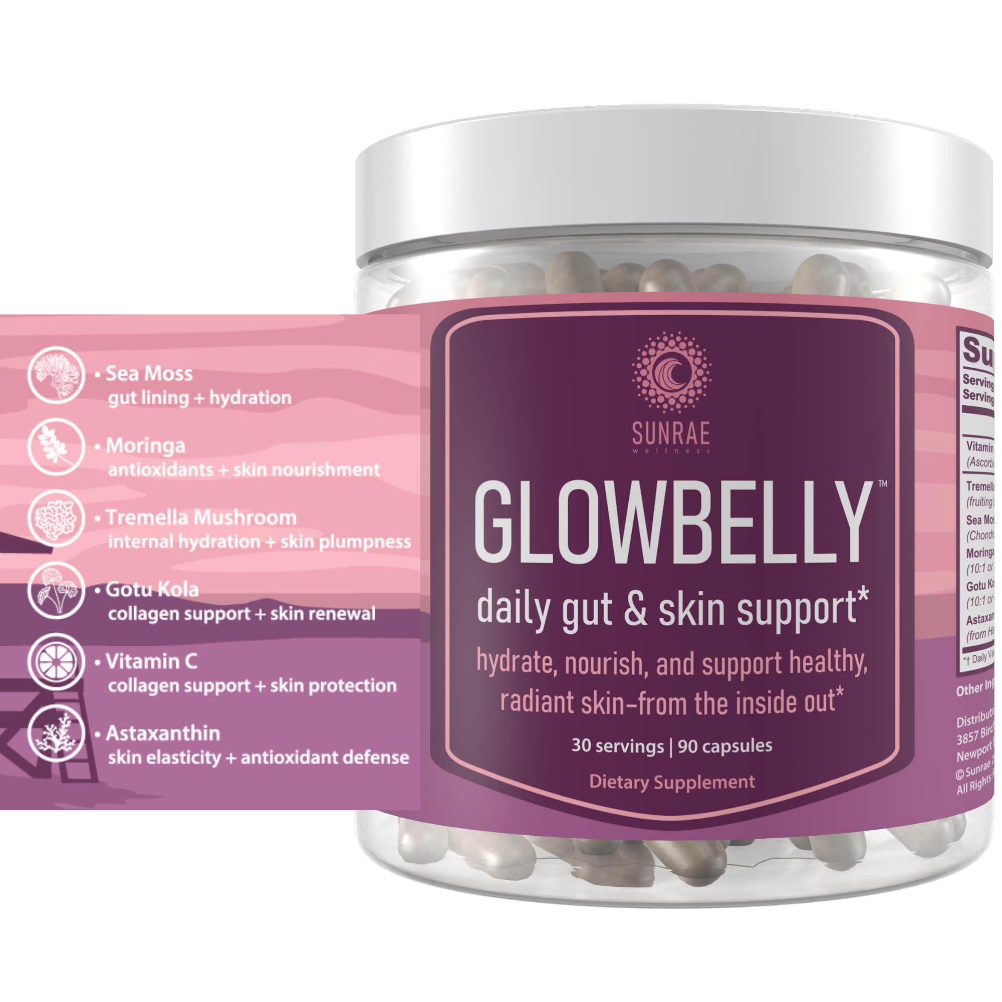 Sunrae Wellness Glowing Skin capsules emphasizing easy daily supplement use.