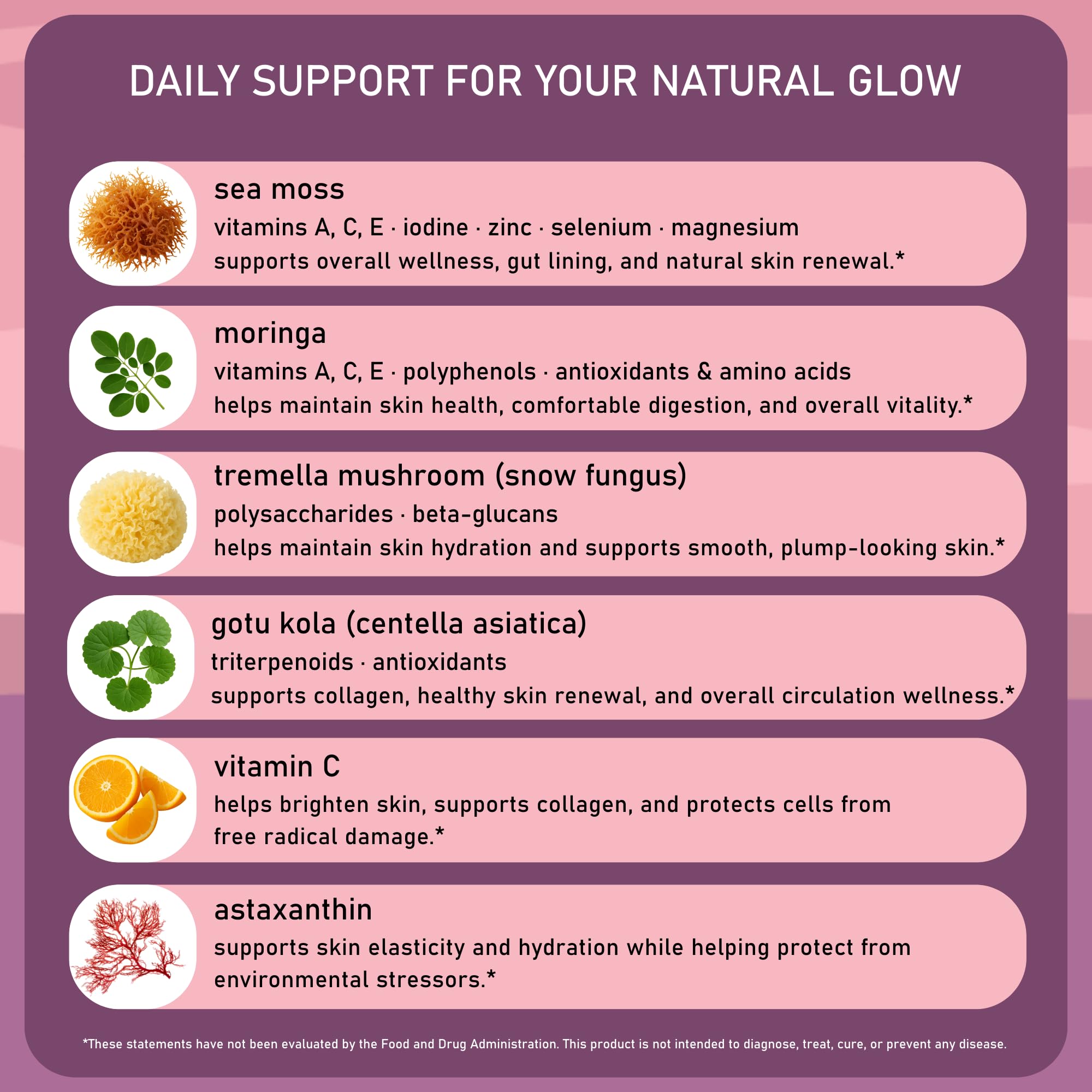 Sunrae Wellness Glowing Skin Gotu Kola capsule focuses on elasticity.