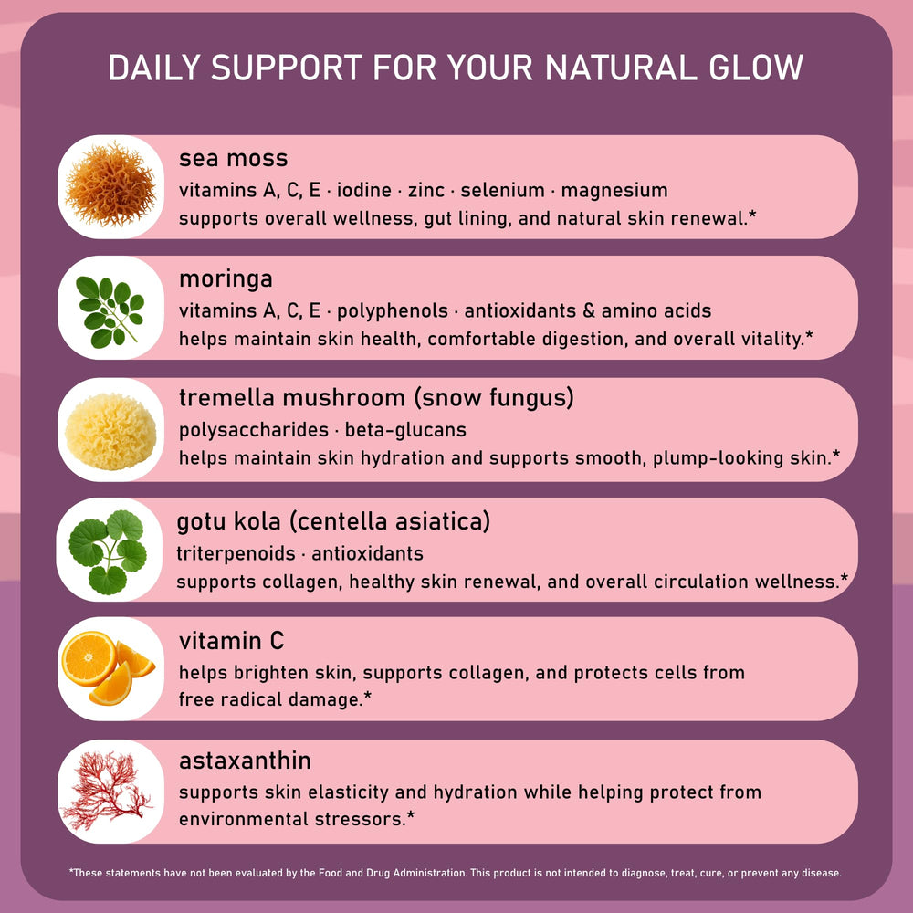 Sunrae Wellness Glowing Skin Gotu Kola capsule focuses on elasticity.