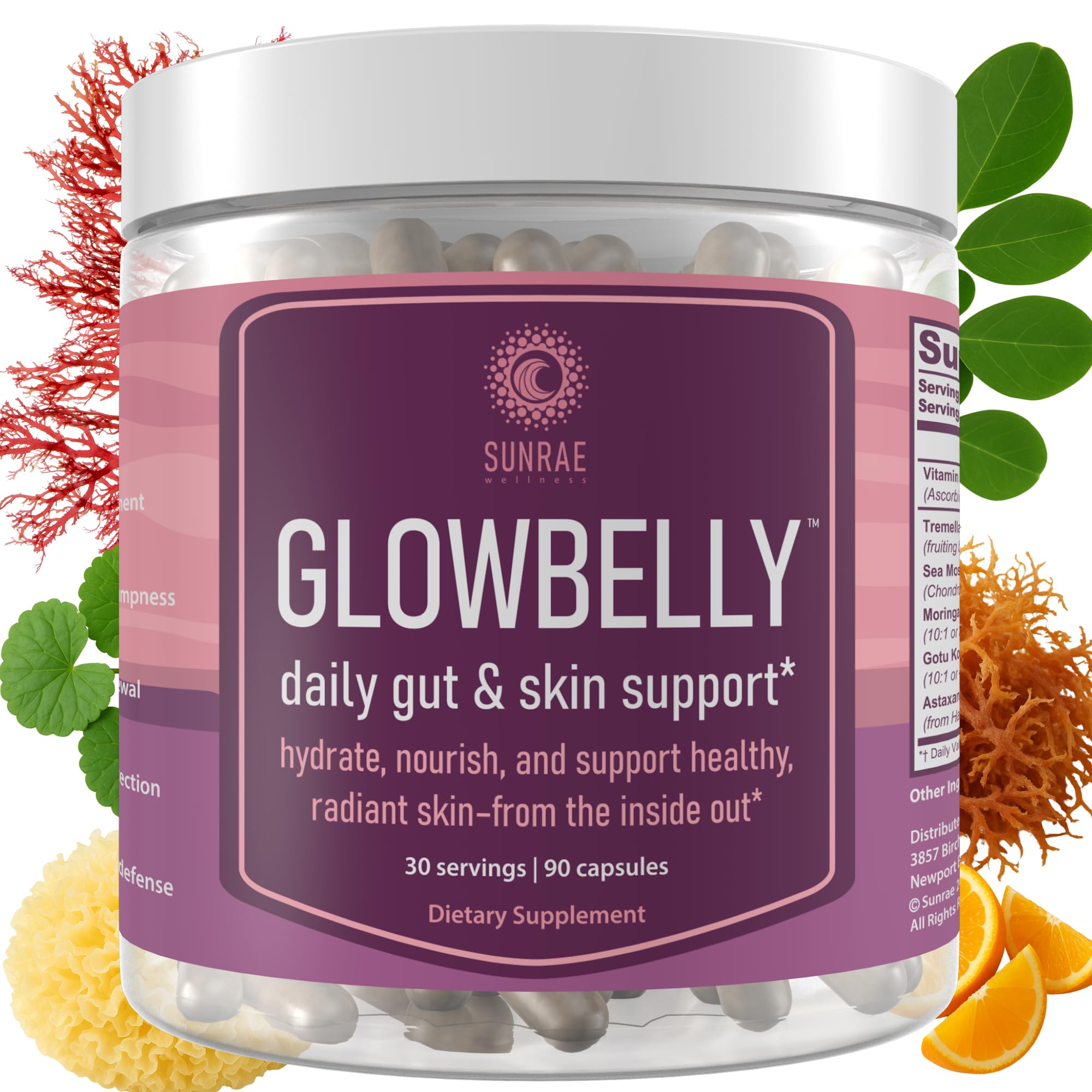 Sunrae Wellness Glowing Skin ingredient lineup highlights wellness benefits.