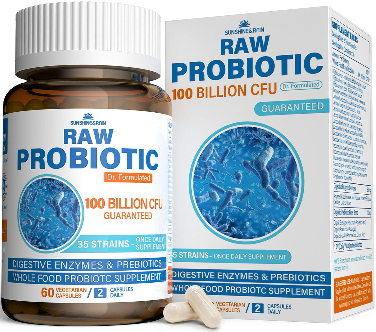 Sunshine & Rain Raw Probiotics bottle for daily digestive support