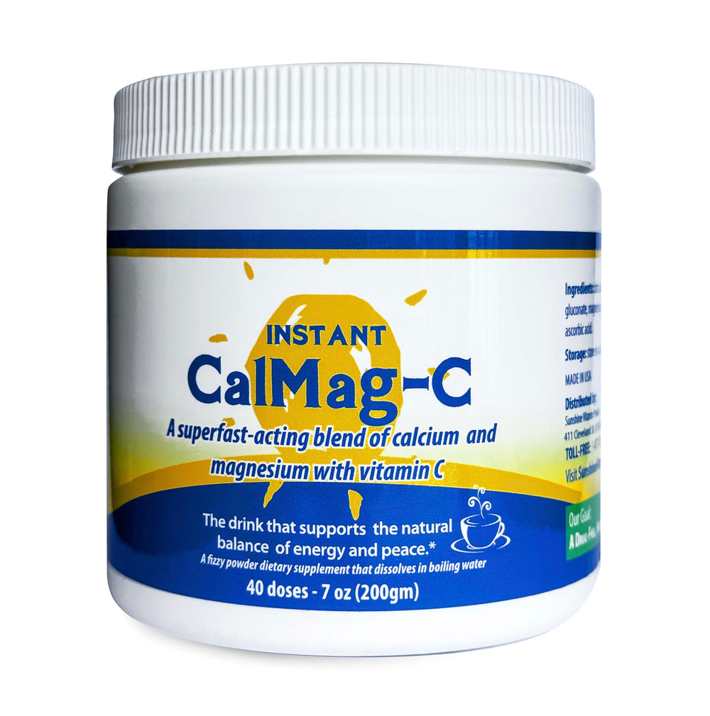 Sunshine Vitamins Instant CalMag-C bottle front promotes mineral support for bones and muscles
