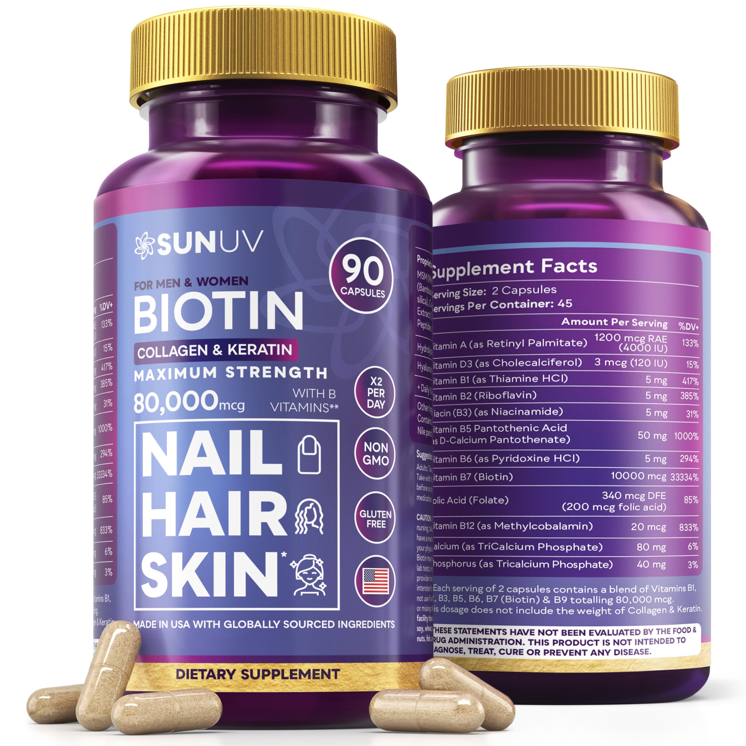 SUNUV Biotin 10,000mcg bottle close-up shows potent formula for hair and nails