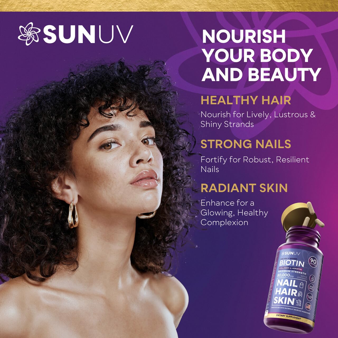 SUNUV Biotin bottle pour demonstrates simple daily dosing routine