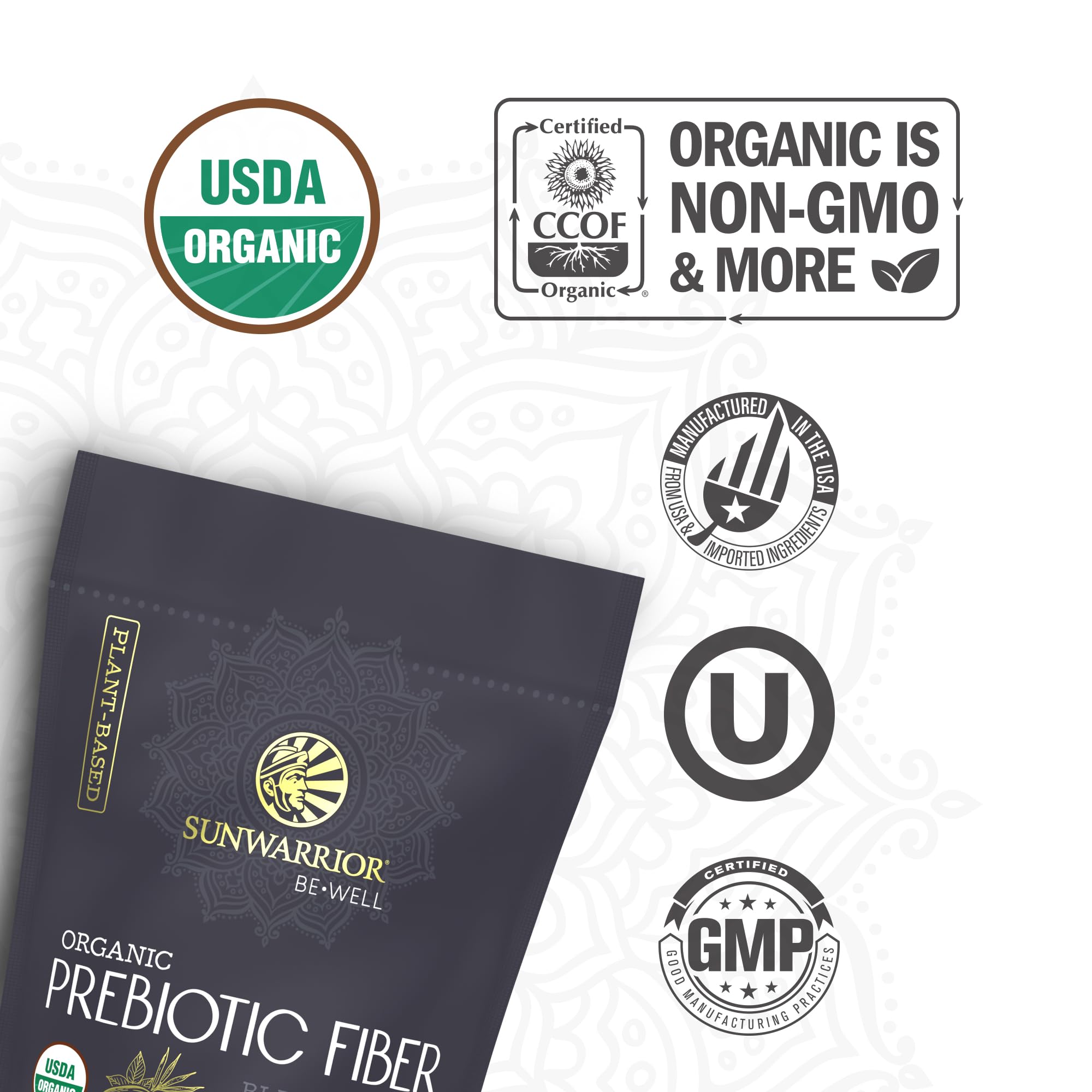 Sunwarrior Be Well Prebiotic Fiber with organic baobab features for gut health.