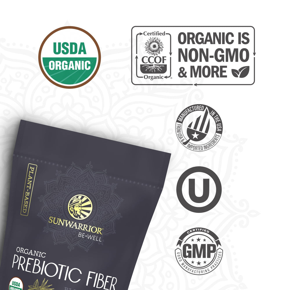 Sunwarrior Be Well Prebiotic Fiber with organic baobab features for gut health.