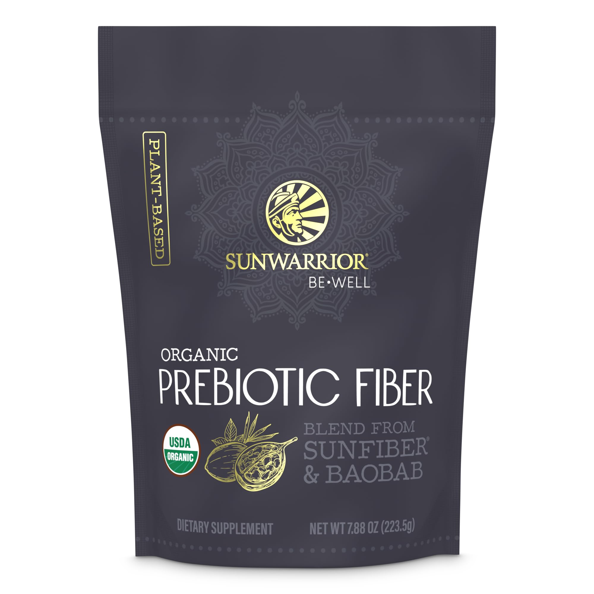 Sunwarrior Be Well Prebiotic Fiber bottle for daily gut support.