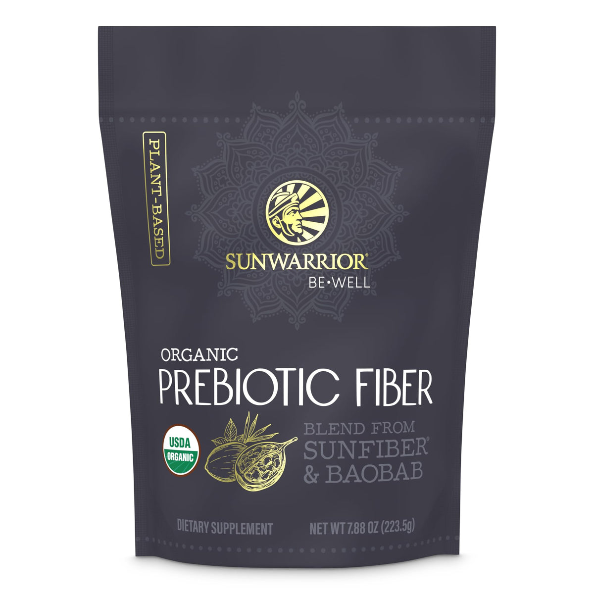 Sunwarrior Be Well Prebiotic Fiber bottle for daily gut support.