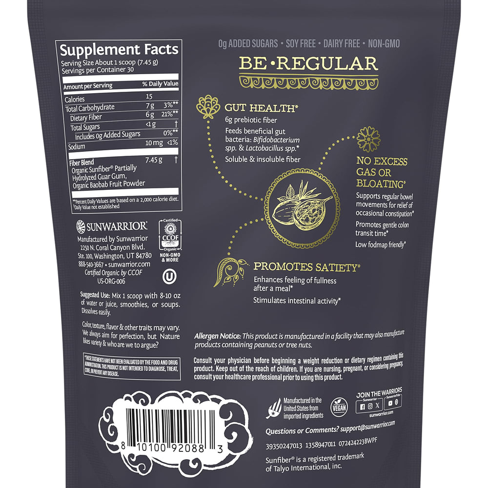 Sunwarrior Be Well Prebiotic Fiber powder being poured into a glass for easy mixing.