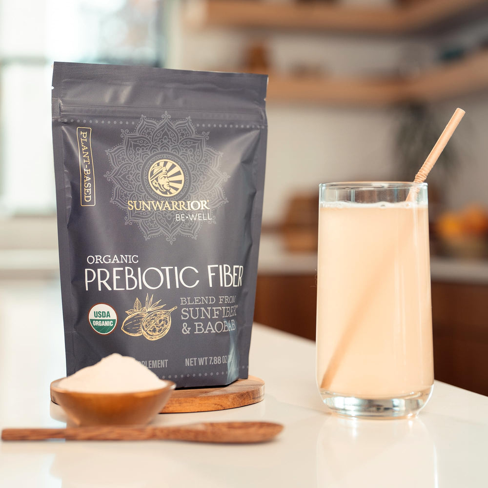 Sunwarrior Be Well Prebiotic Fiber scoop included for easy daily serving.