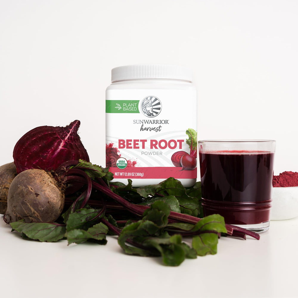 Sunwarrior Beet Root Powder label close-up highlighting organic, non-GMO sourcing.