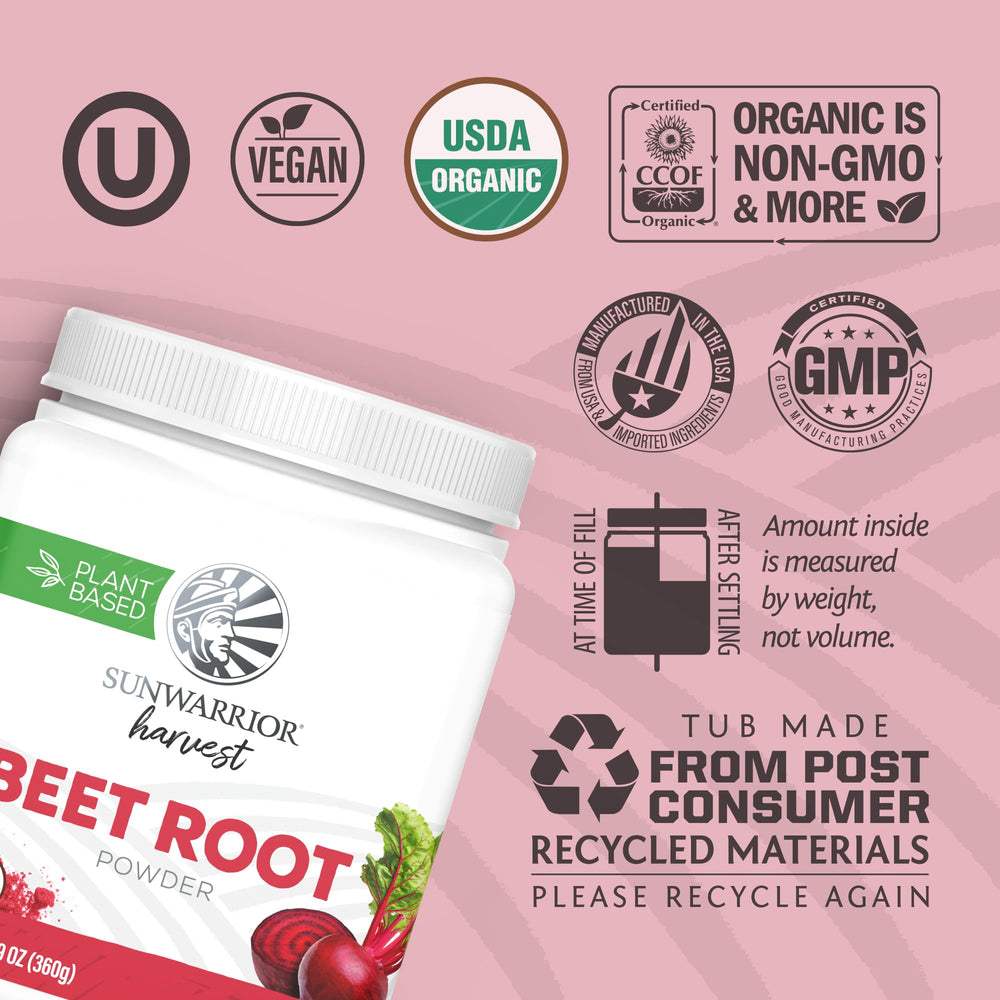 Pouring Sunwarrior Beet Root Powder into a drink for potential nitric oxide support.