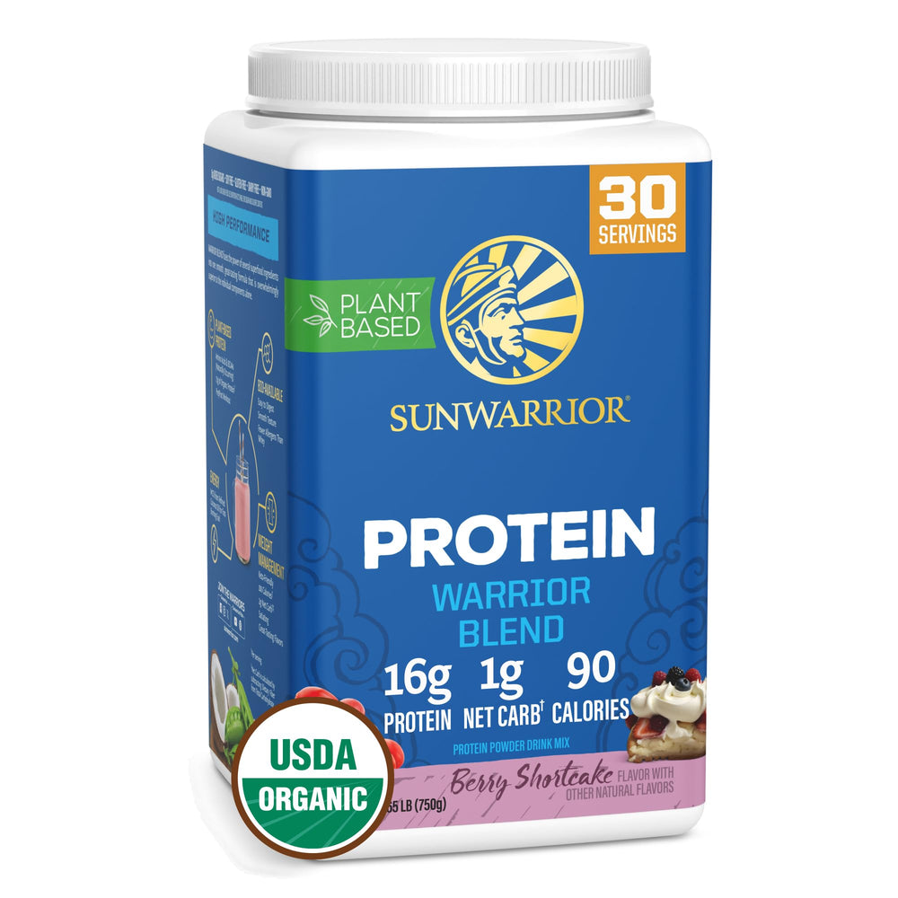 Sunwarrior Berry Warrior Blend bottle pouring a plant-based protein shake.