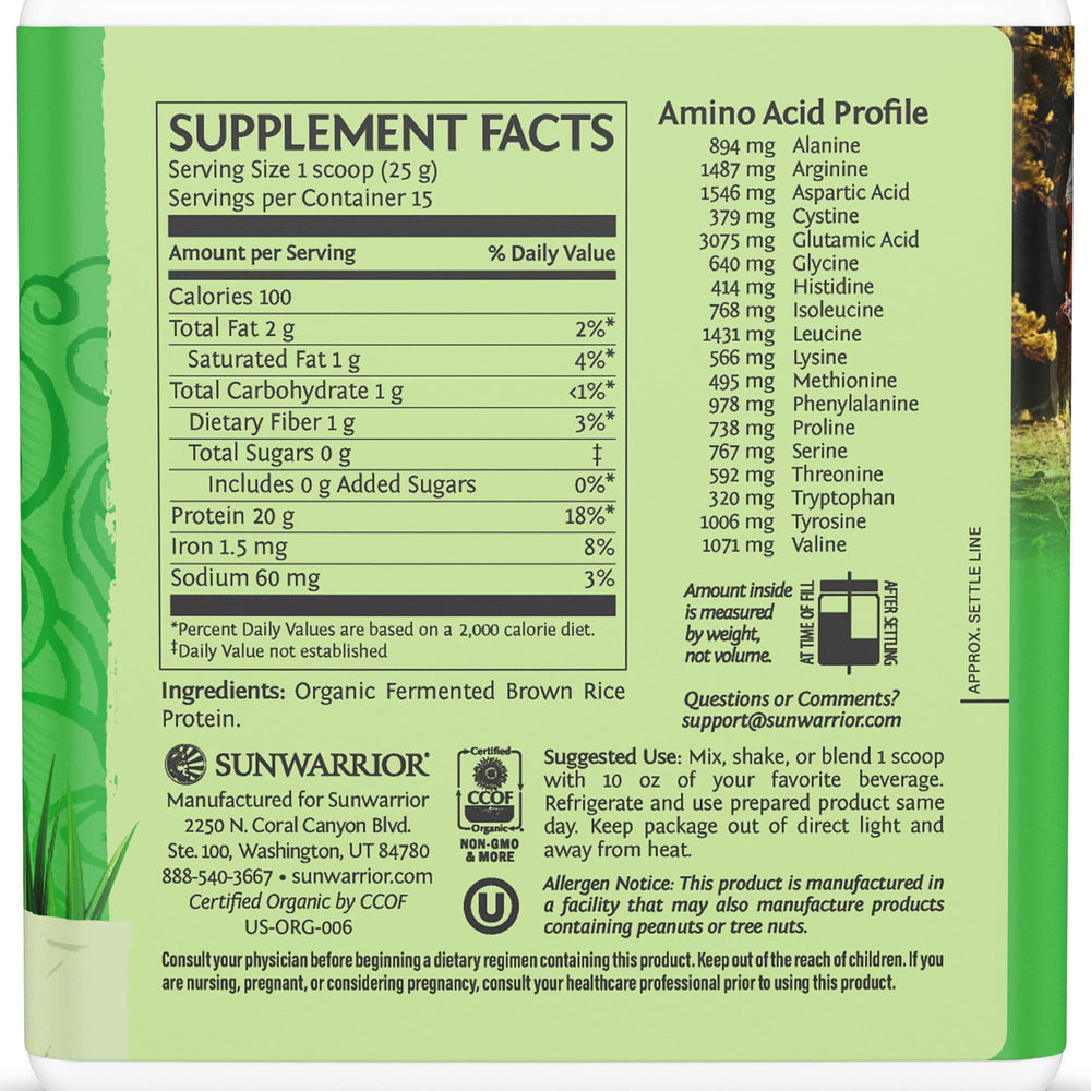 Sunwarrior Brown Rice Protein label closeup highlights gluten-free and dairy-free ingredients.