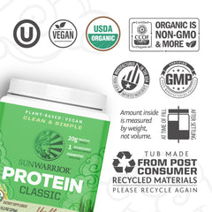 Sunwarrior Brown Rice Protein Powder closeup reveals creamy plant-based unflavored powder