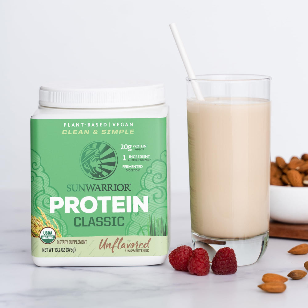 Sunwarrior powder on kitchen counter with simple ingredients for everyday use