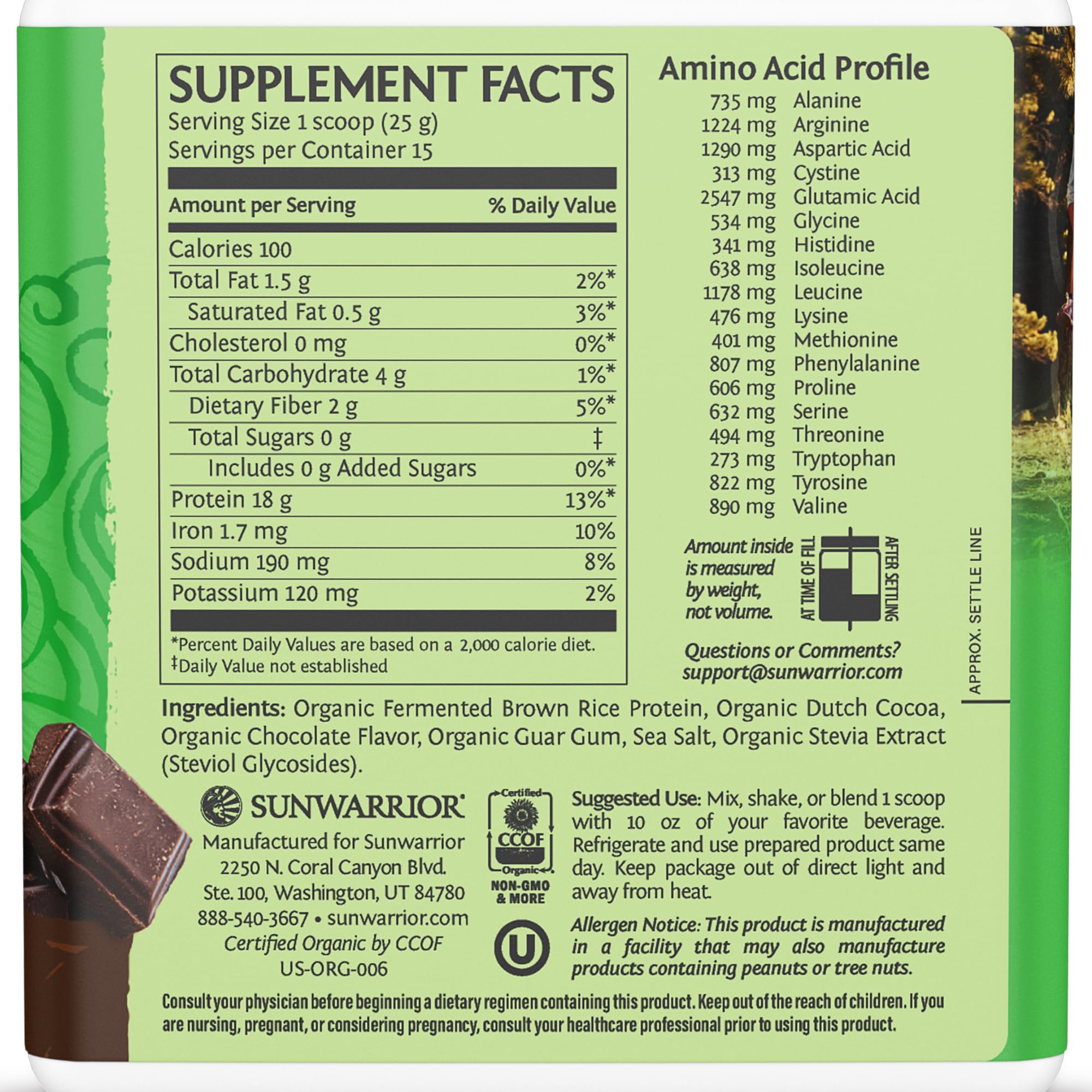 Sunwarrior brown rice protein powder scoop shows easy measurement for high protein smoothies.