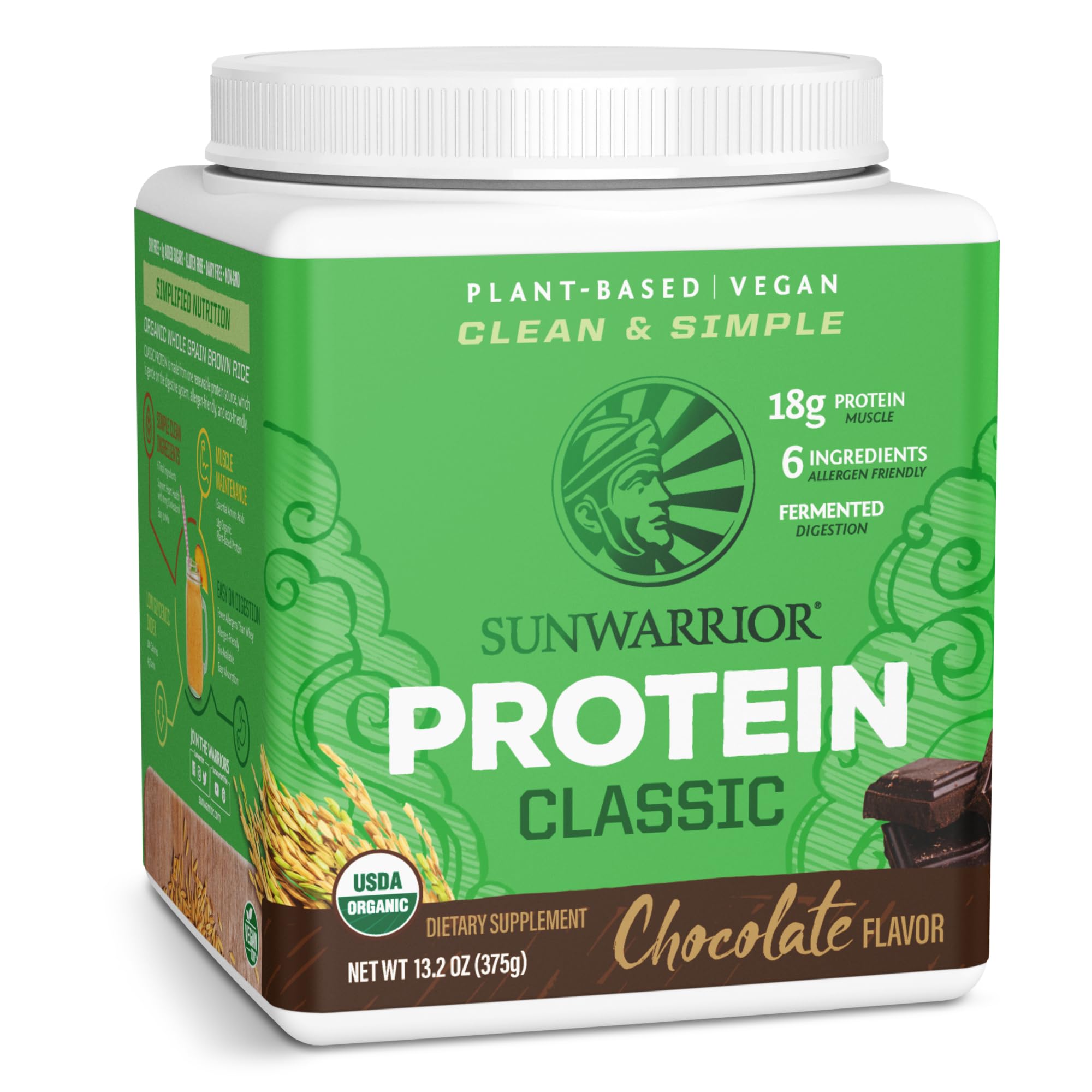 Sunwarrior brown rice protein powder in a tin, gluten-free plant-based option for daily shakes.