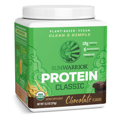 Sunwarrior brown rice protein powder in a tin, gluten-free plant-based option for daily shakes.