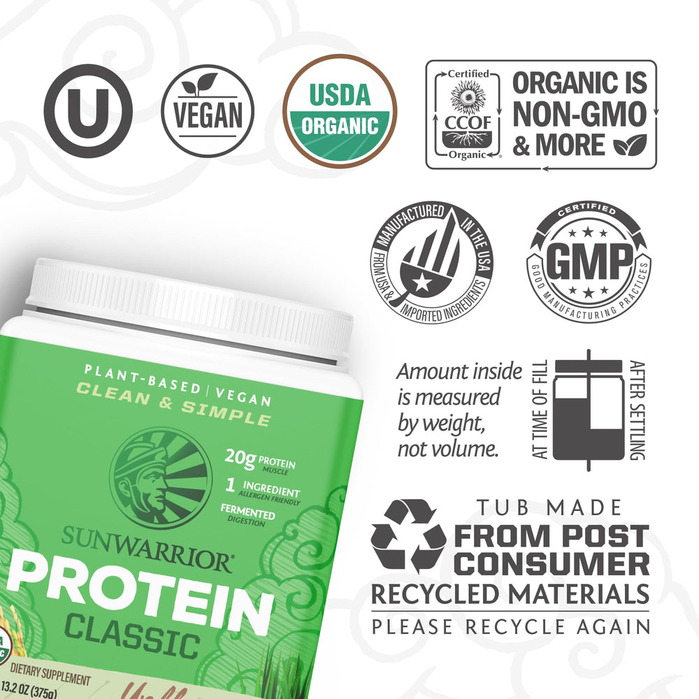 Sunwarrior Brown Rice Protein scoop-in-lid shows built-in scoop for quick, mess-free scooping.