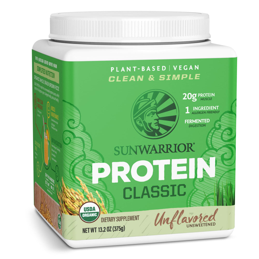 Sunwarrior Brown Rice Protein tub front shows a clean, allergen-friendly plant protein option.