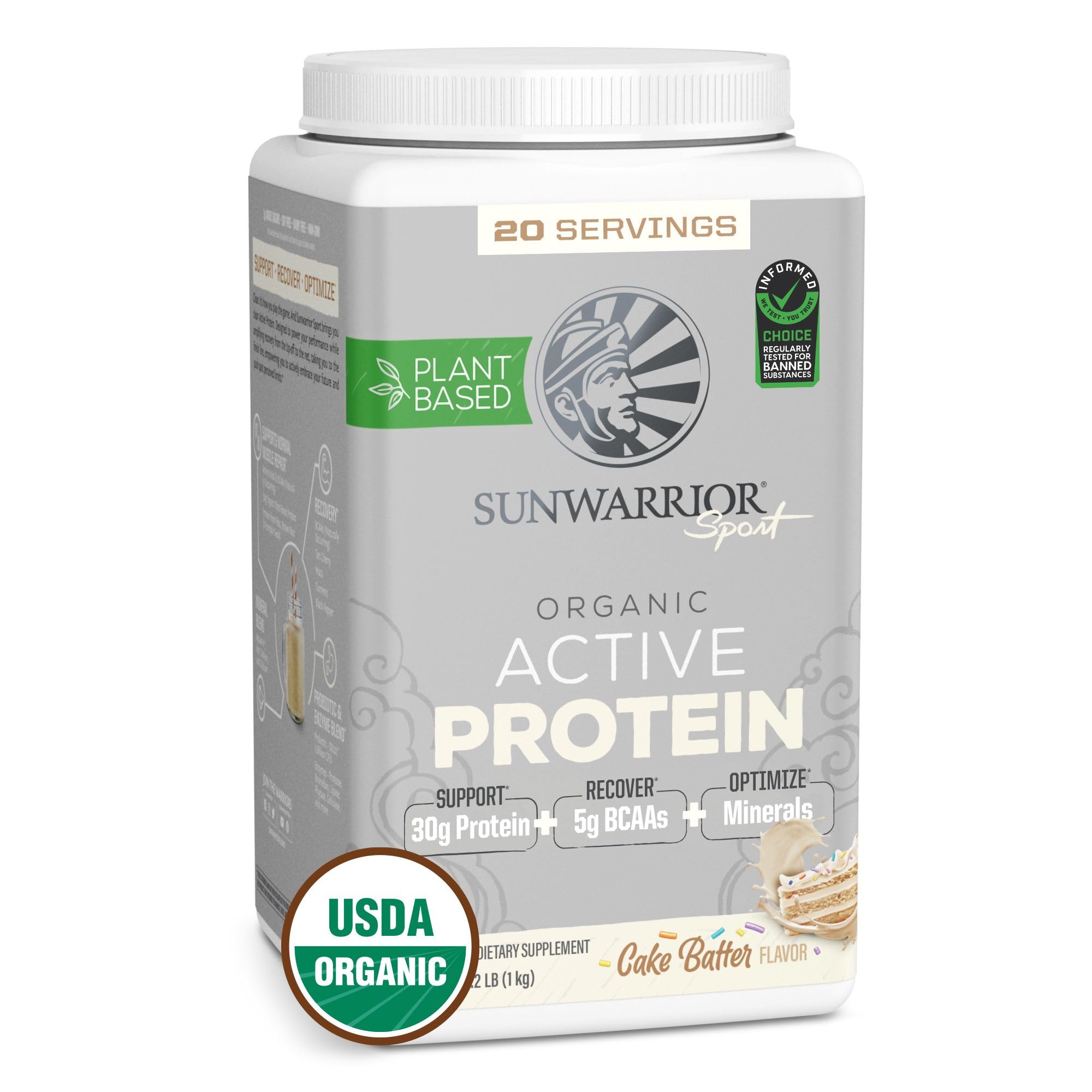 Sunwarrior cake batter protein powder jar highlights organic plant-based formula for clean recovery.