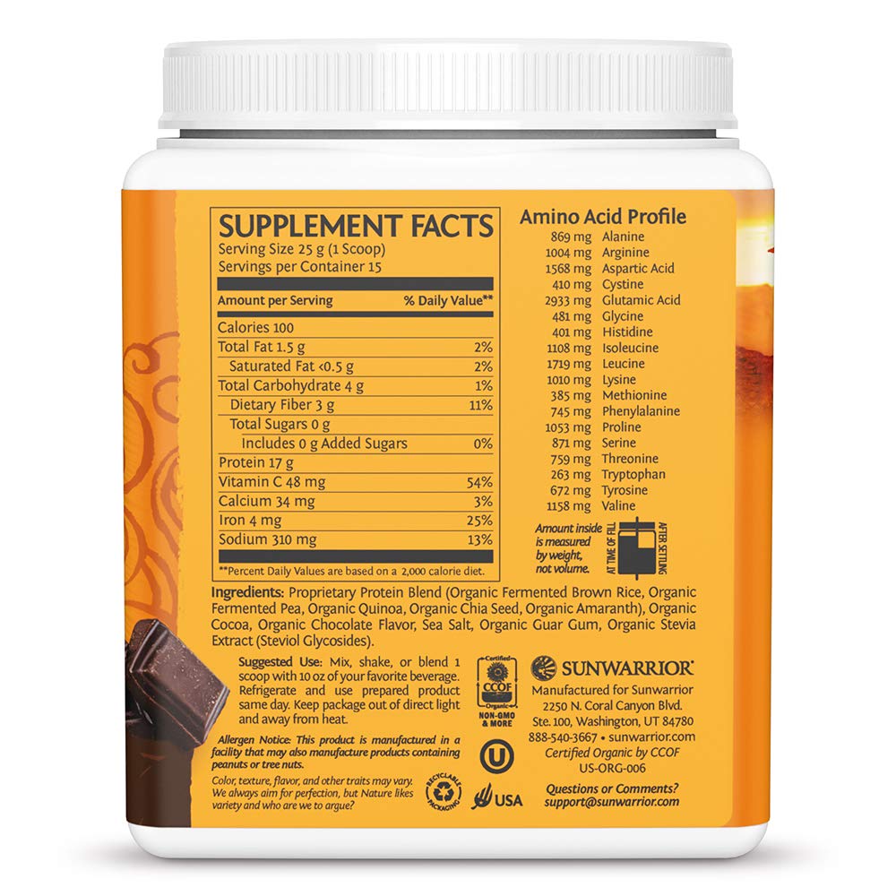 Sunwarrior chocolate clean vegan protein scoop shows convenient serving
