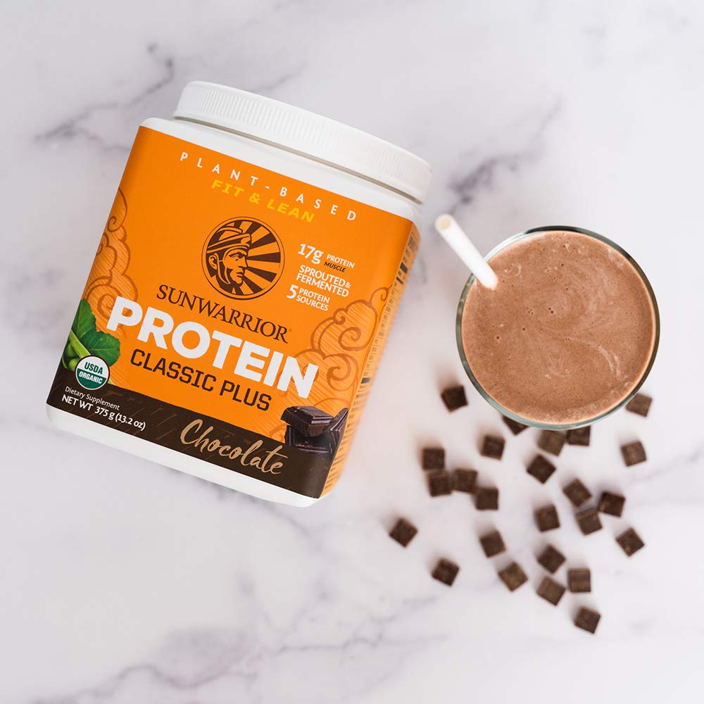 Sunwarrior chocolate protein bottle displays ready-to-mix powder