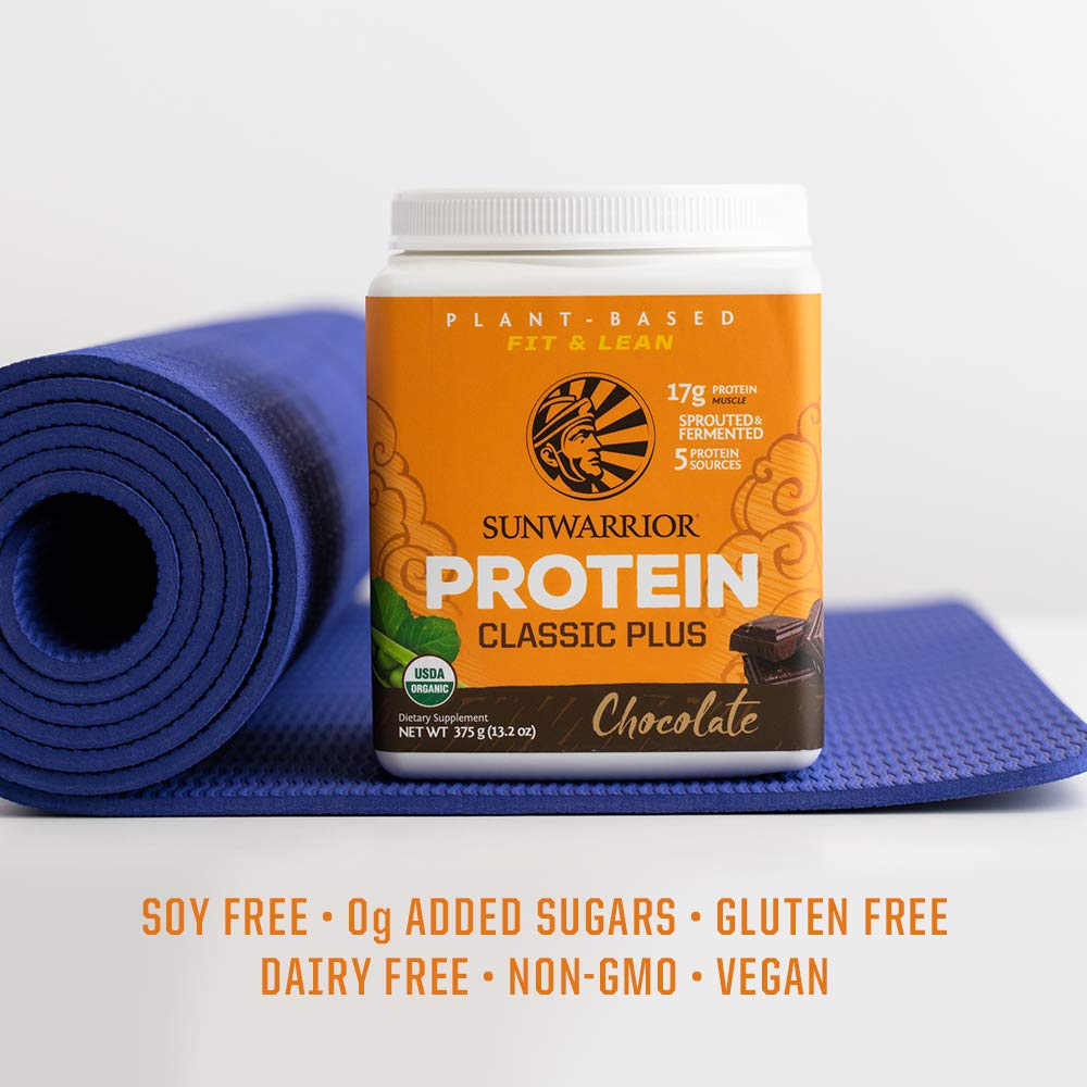 Sunwarrior chocolate vegan protein glass highlights dairy-free shake option