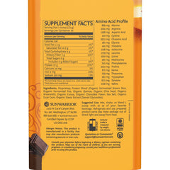 Sunwarrior Classic Plus chocolate tub back highlighting raw organic ingredients and clean sourcing.