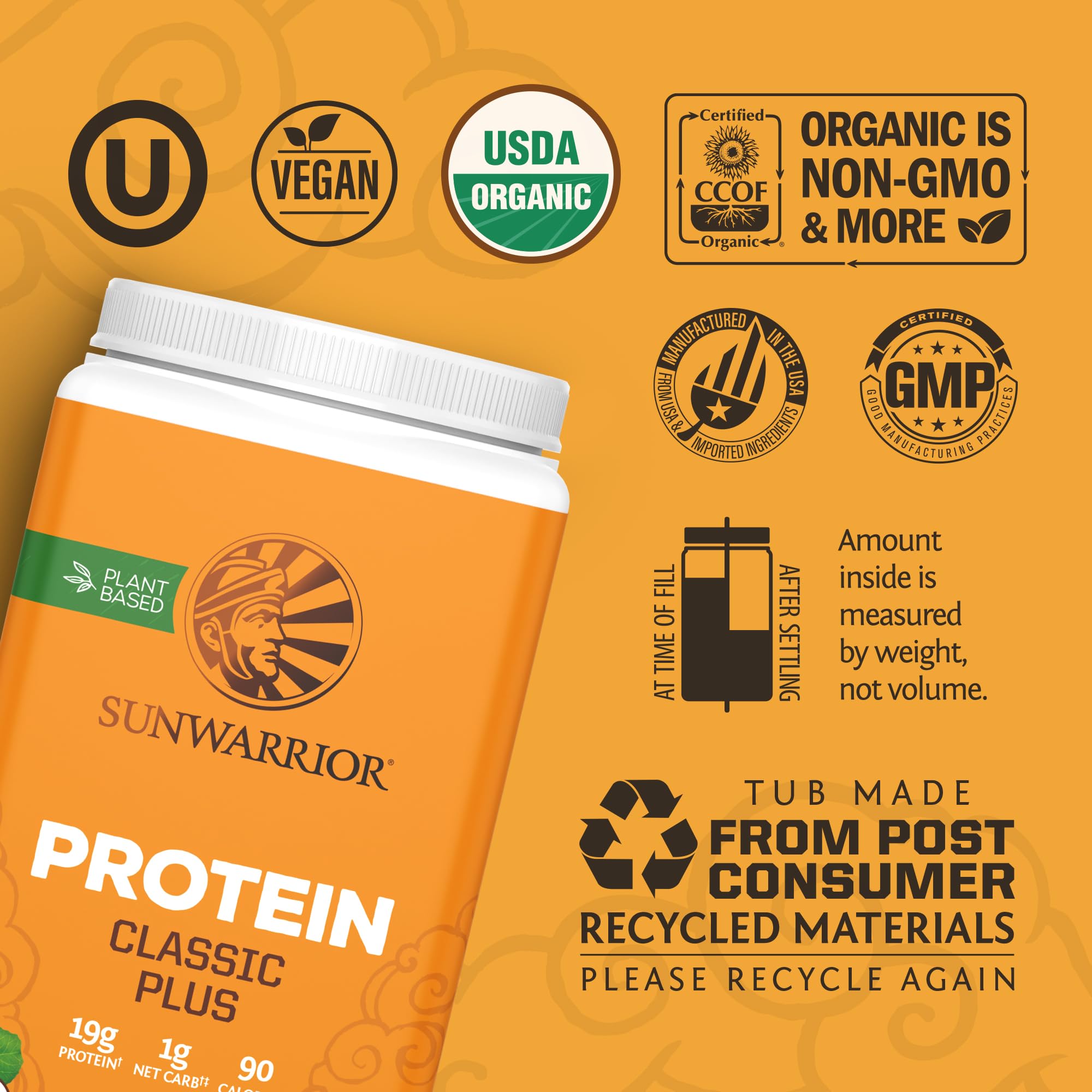 Sunwarrior Classic Plus ingredients composition highlights five plant proteins.