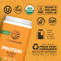 Sunwarrior Classic Plus ingredients composition highlights five plant proteins.