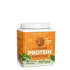 Sunwarrior clean vegan protein unflavored bottle on kitchen counter for easy daily use.