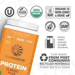 Sunwarrior clean vegan protein vanilla powder poured into a shaker for a protein shake.