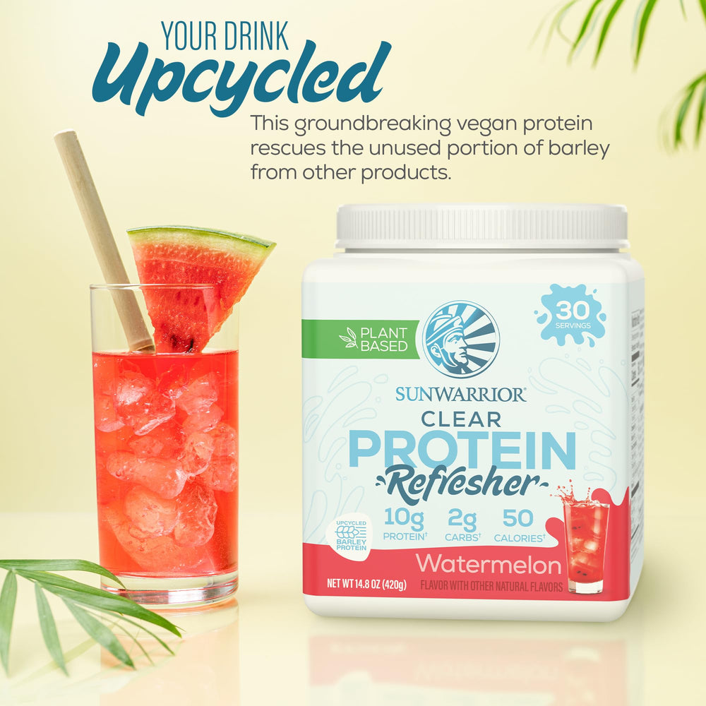 Sunwarrior Clear Protein bottle shows organic flavors and clean ingredients.