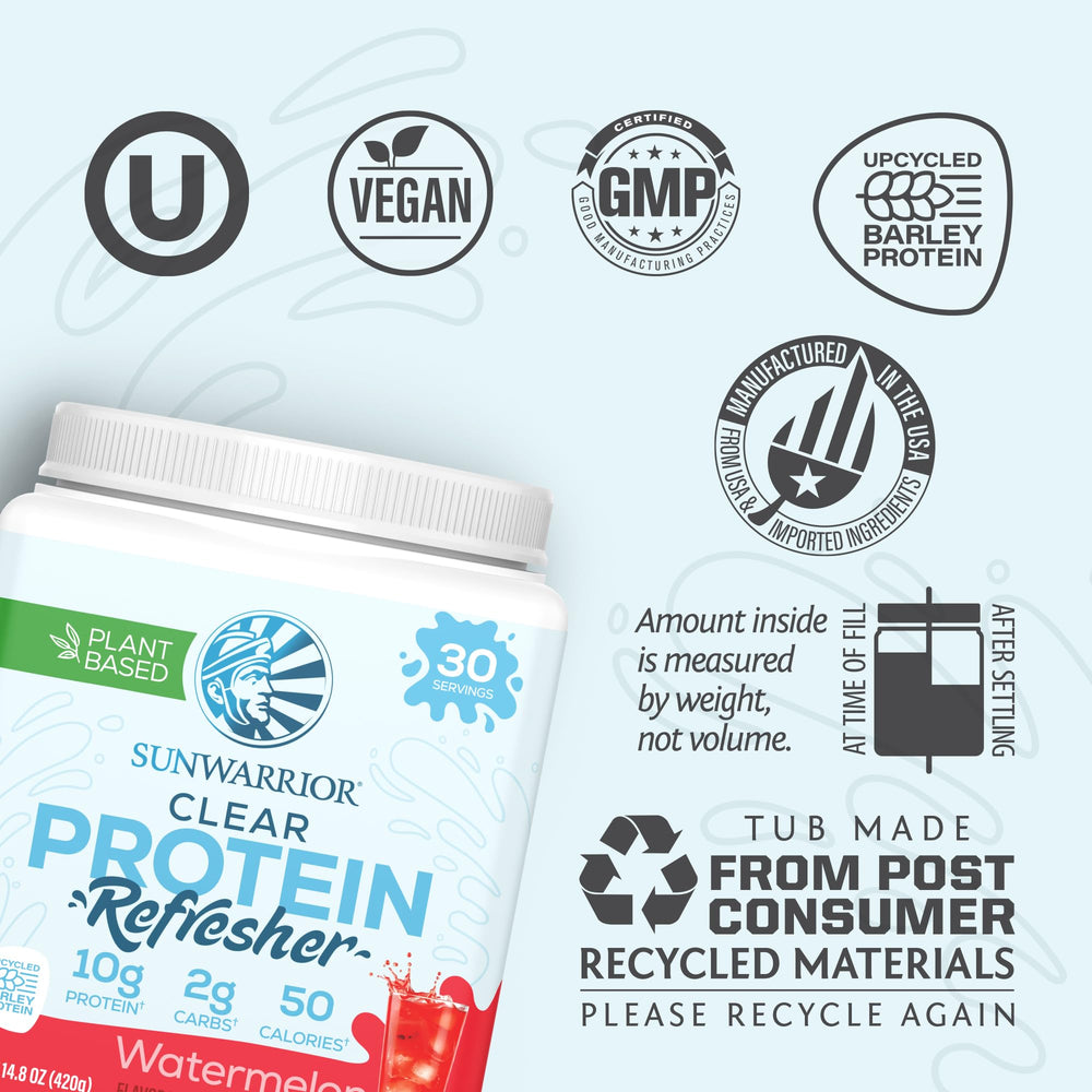 Sunwarrior Clear Protein glass shows a refreshing watermelon drink supporting daily protein goals.