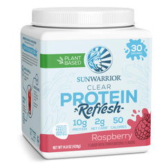 Sunwarrior Clear Protein Raspberry in a glass, refreshing hydration with 10g protein per serving