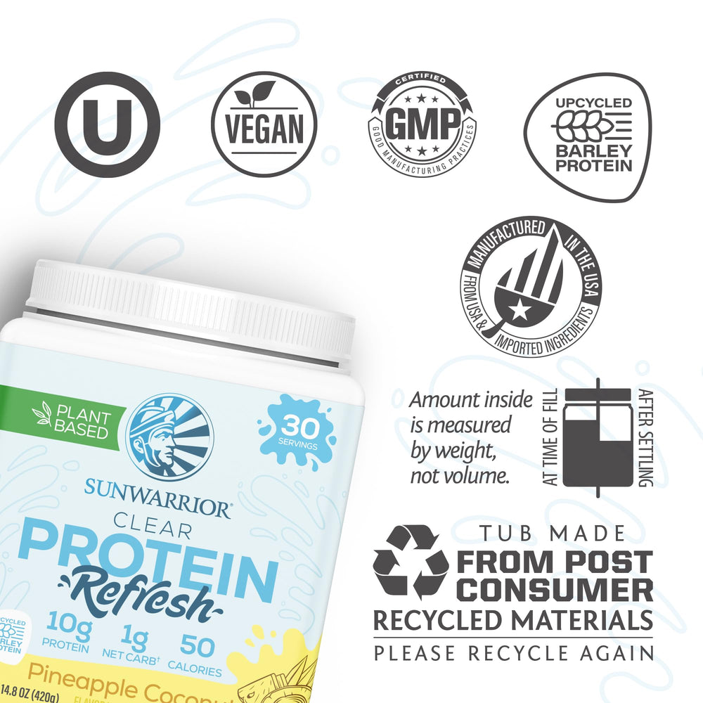 Sunwarrior Clear Protein Refresh upcycled barley powder completely soluble for easy mixing.