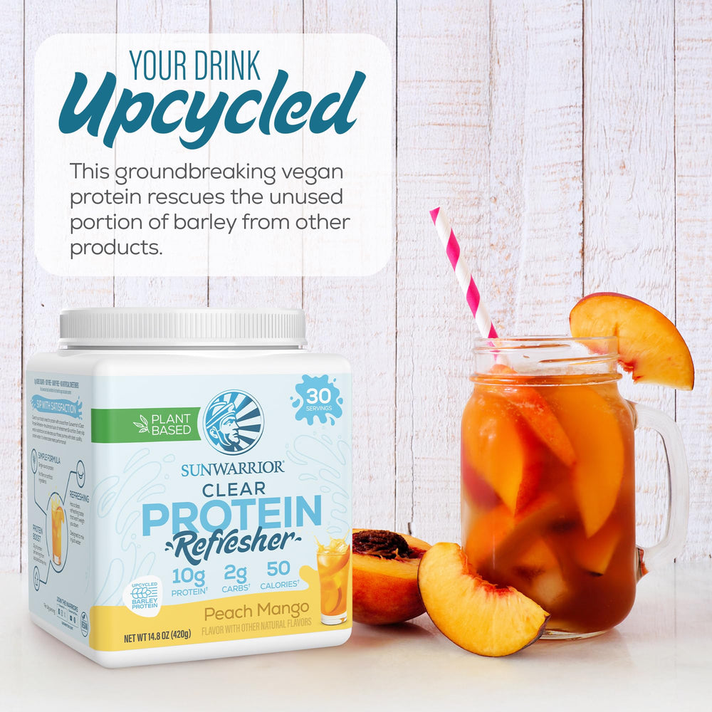 A glass filled with the peach mango drink showcases its clear, thirst-quenching hydration.