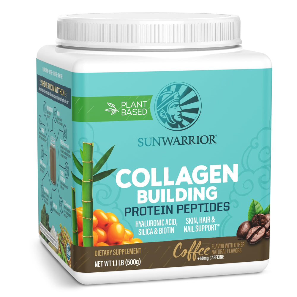 Sunwarrior coffee flavor bottle showcases a vegan collagen booster for daily beauty support.