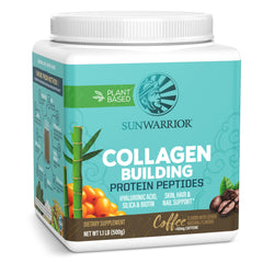 Sunwarrior coffee flavor bottle showcases a vegan collagen booster for daily beauty support.