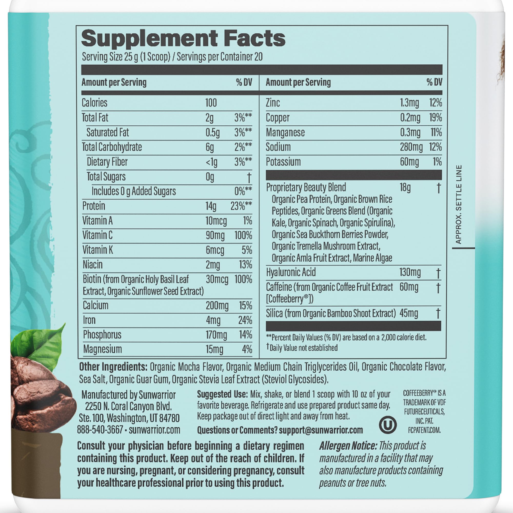 Sunwarrior coffee scoop pour highlights easy mixing into shakes for busy mornings.