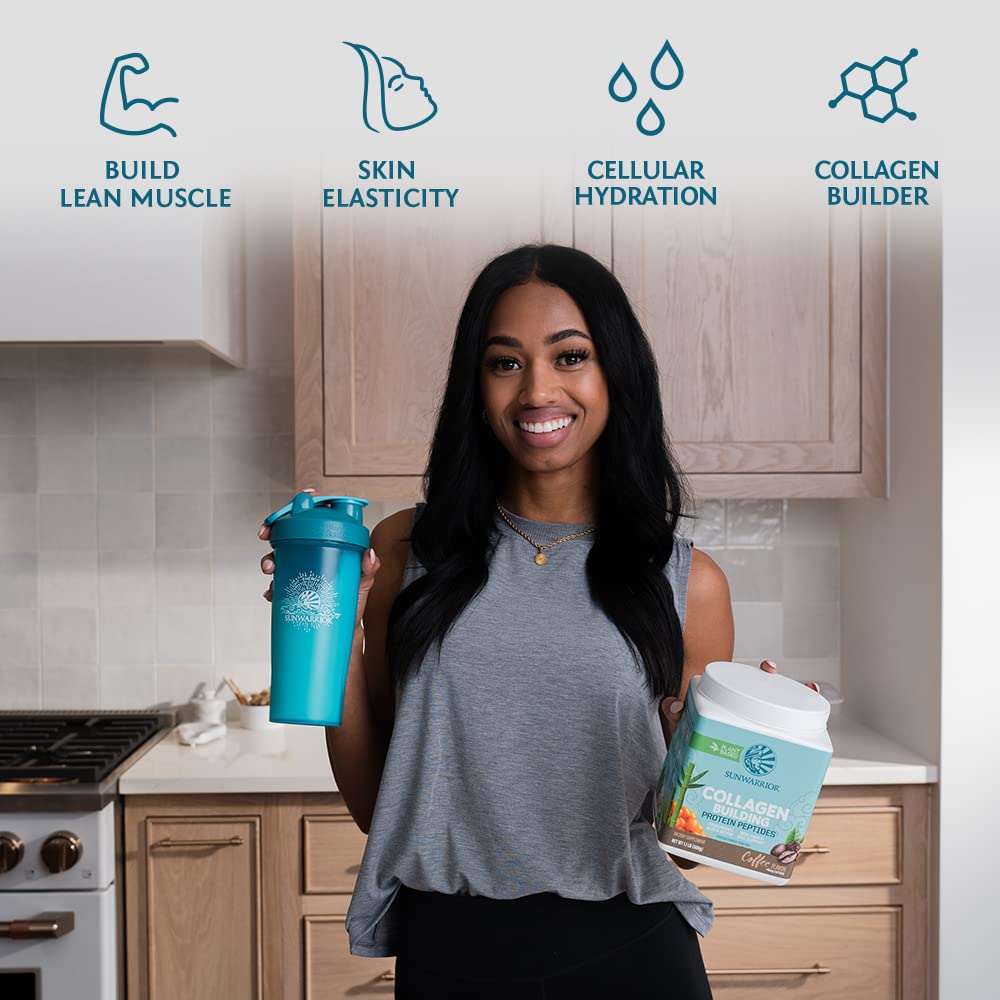 Sunwarrior creamy texture cup demonstrates smooth, coffee-flavored protein for drinks.